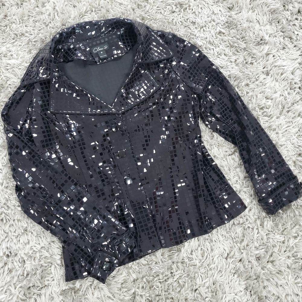 Clara S. Modern Squared Patent Black Leather Jacket Size M